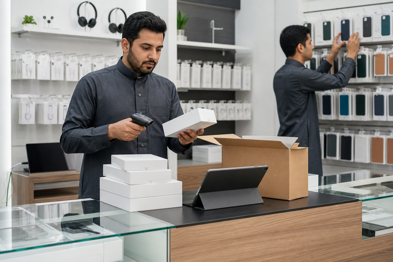 موظف متجر إلكترونيات يراجع الأجهزة والإكسسوارات عند الاستلام والبيع