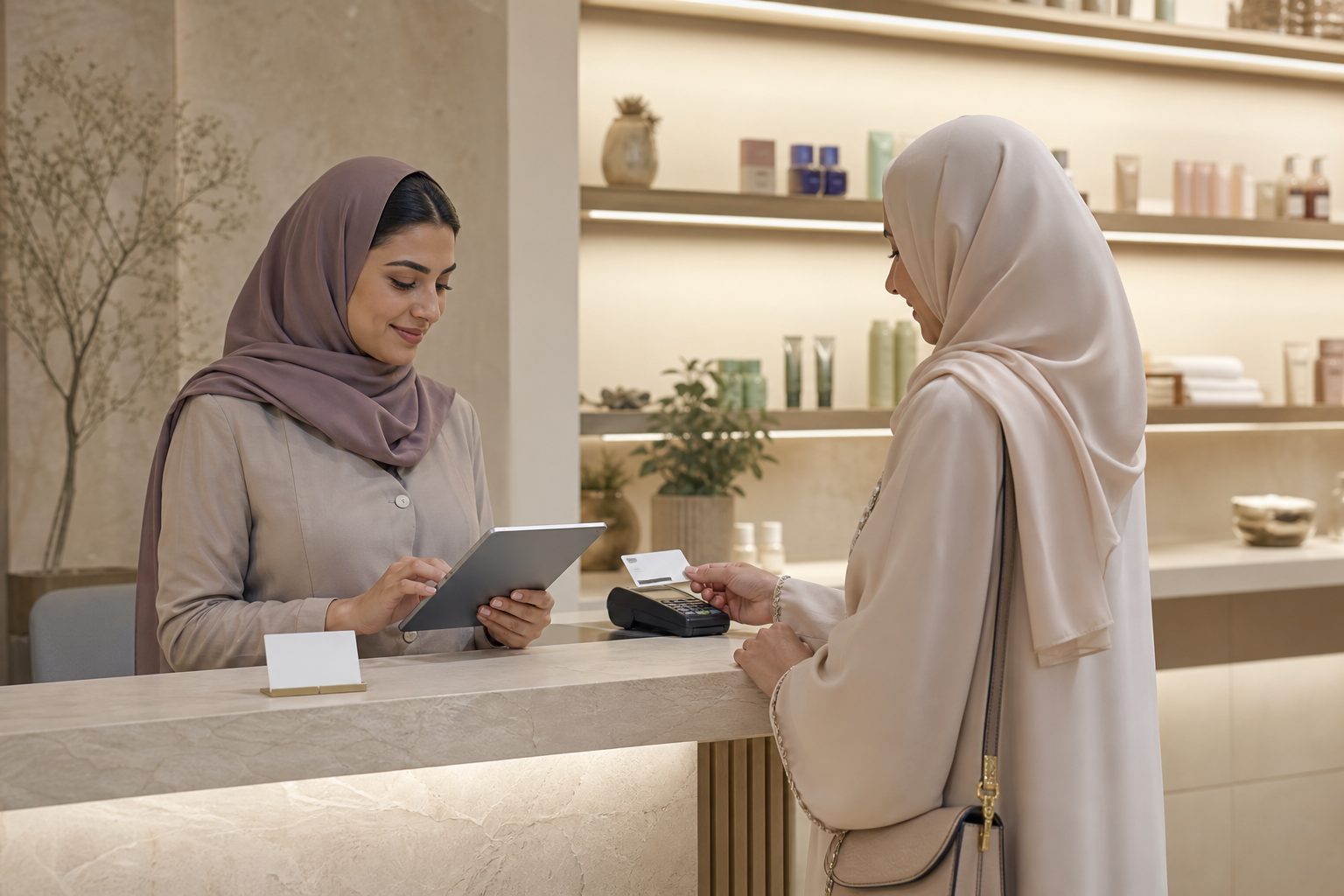 موظفة مركز عناية تراجع جدول الخدمة وبيانات العميل في مساحة هادئة